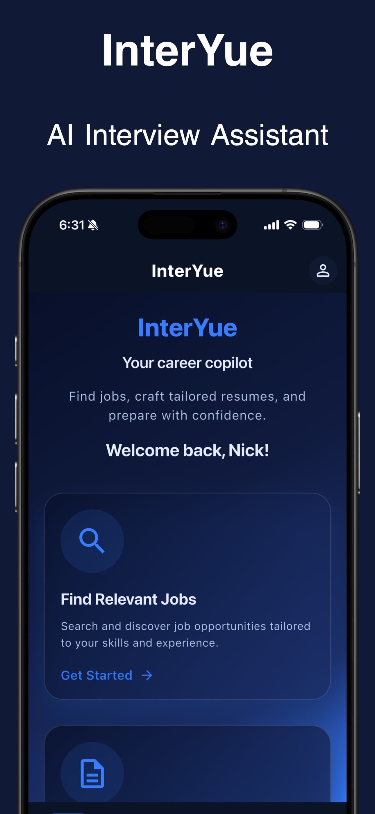 InterYue iPhone screenshot showing the app home experience and interview preparation tools.